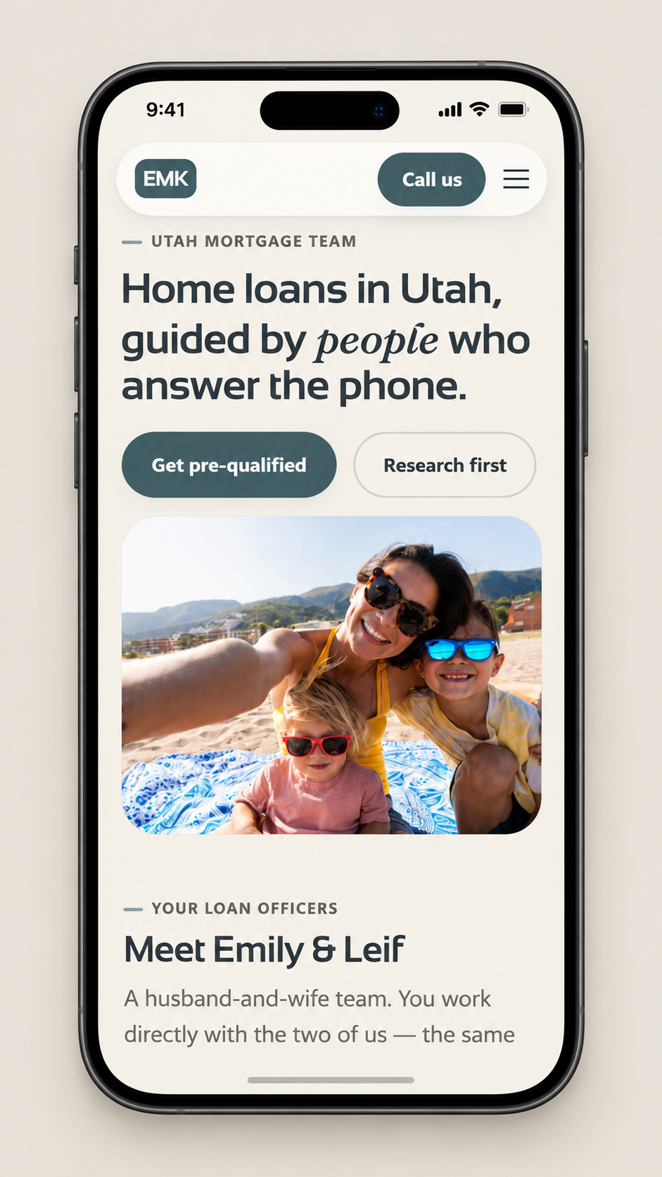 Generated smartphone mockup based on the EMK Mortgages mobile homepage.