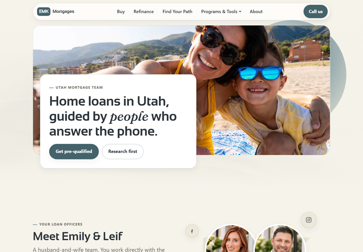 Actual EMK Mortgages desktop homepage showing its personal photography, warm palette and clear research and contact paths.