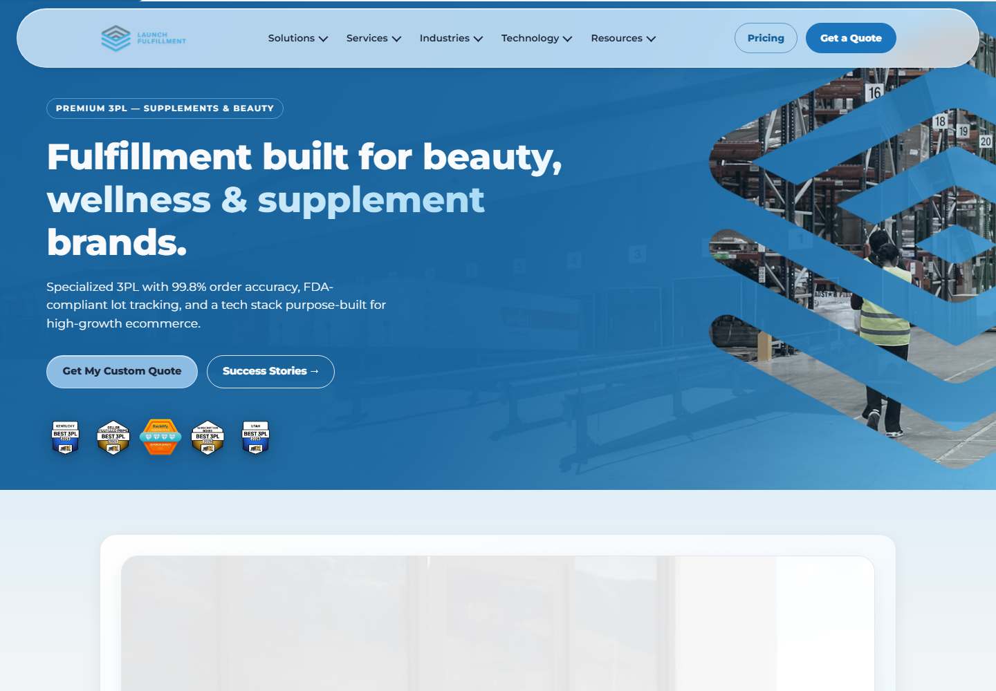 Launch Fulfillment rebuild desktop homepage with blue warehouse imagery and clear quote and success-story links.
