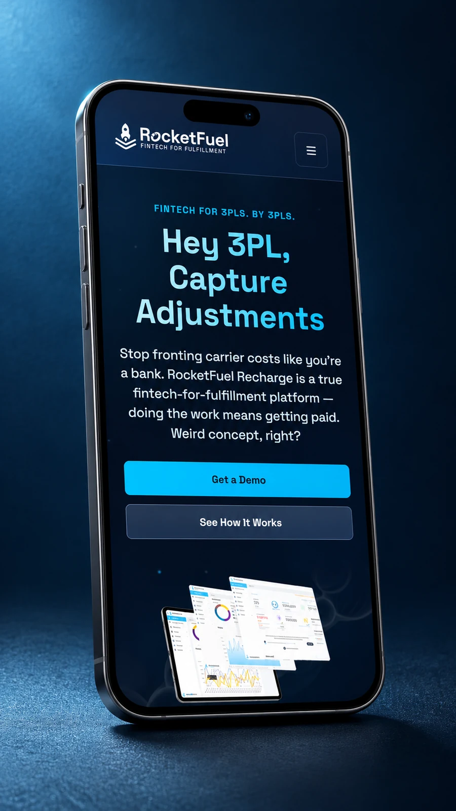 A styled phone mockup showing RocketFuel’s mobile marketing website.