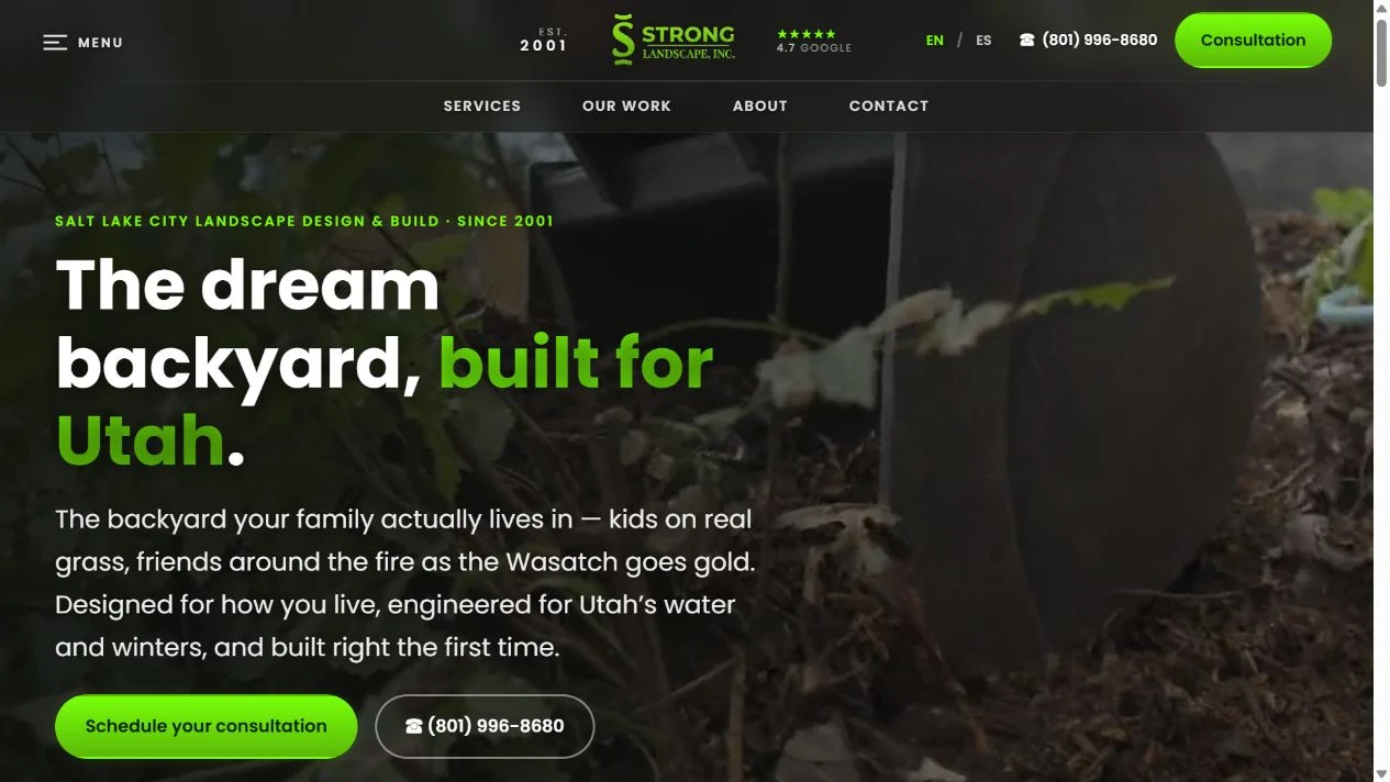 Actual Strong Landscape homepage with its green identity, landscaping imagery and Utah-focused headline.