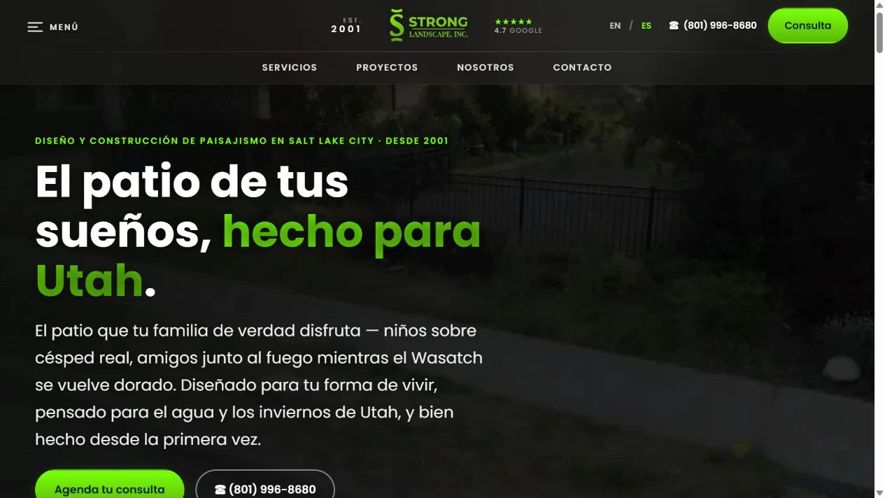 Strong Landscape’s Spanish homepage, with translated headline, service introduction and consultation action.