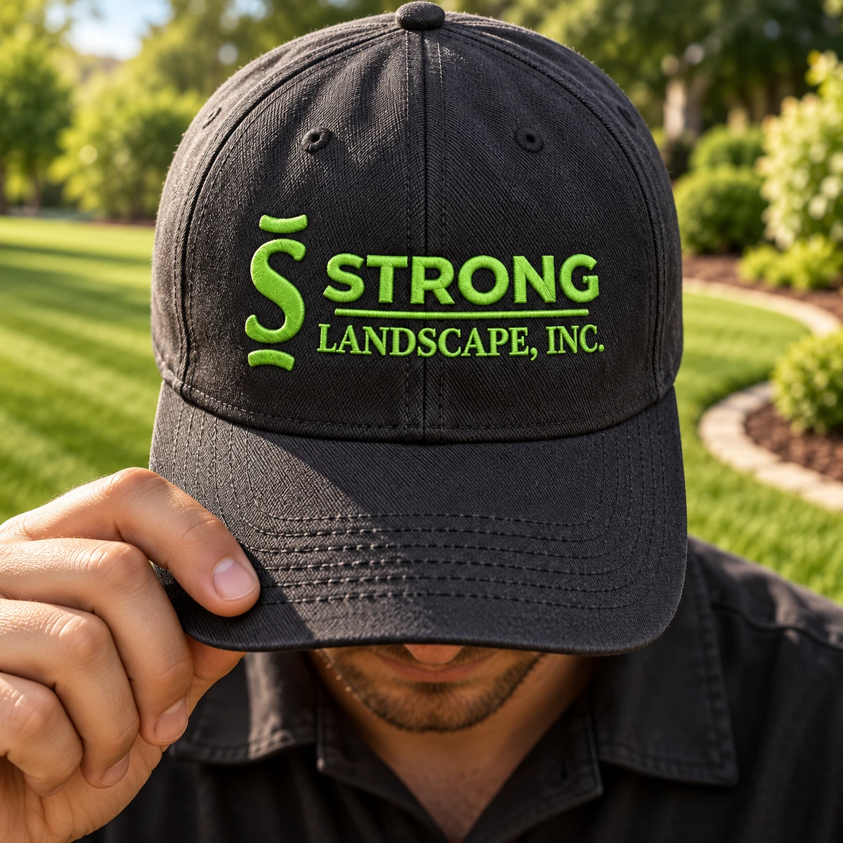 Concept brand photograph of a person looking down and gripping a charcoal Strong Landscape cap with a lime embroidered logo.