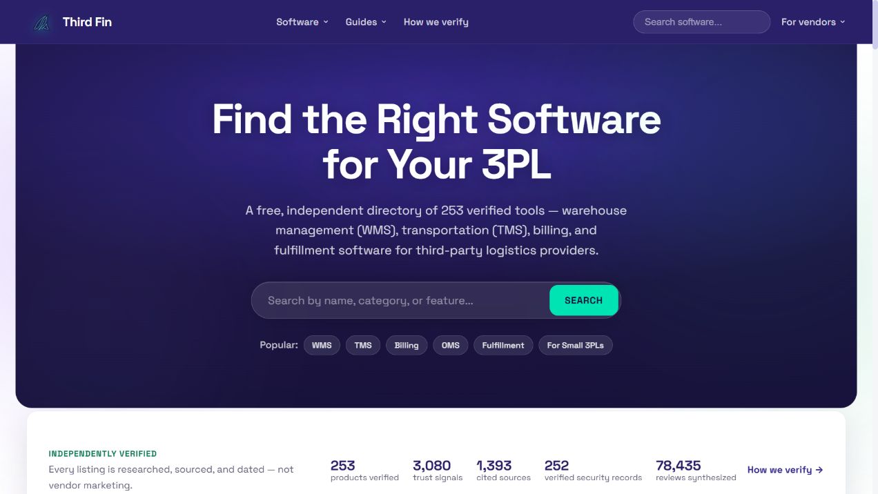 Actual Third Fin desktop homepage with software search, popular category links and its verification summary.