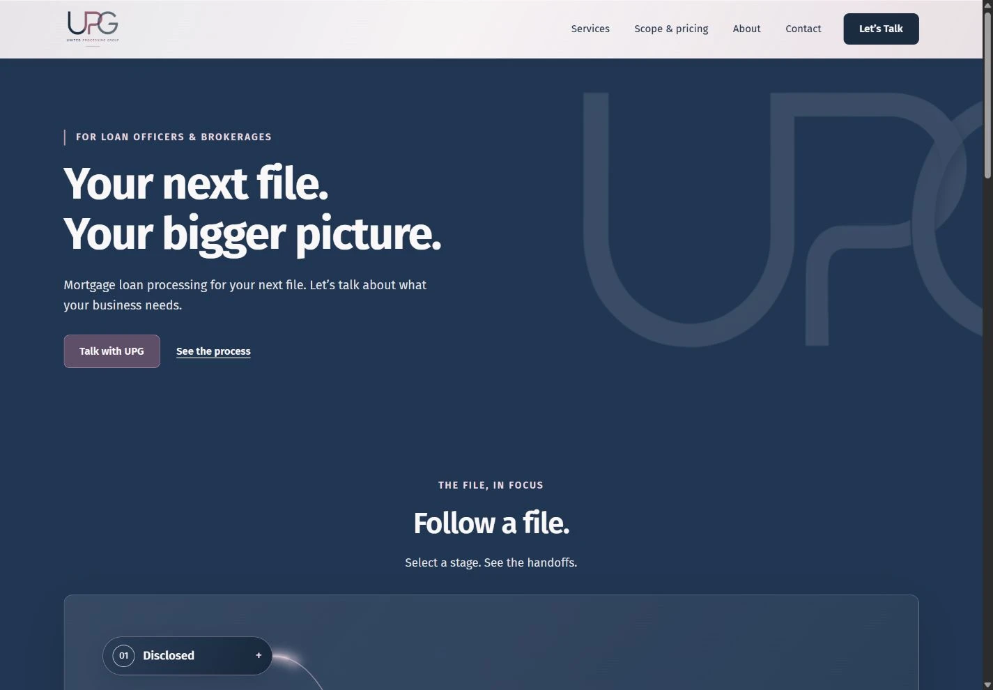 UPG homepage showing its navy hero, logo, headline and loan-process introduction.