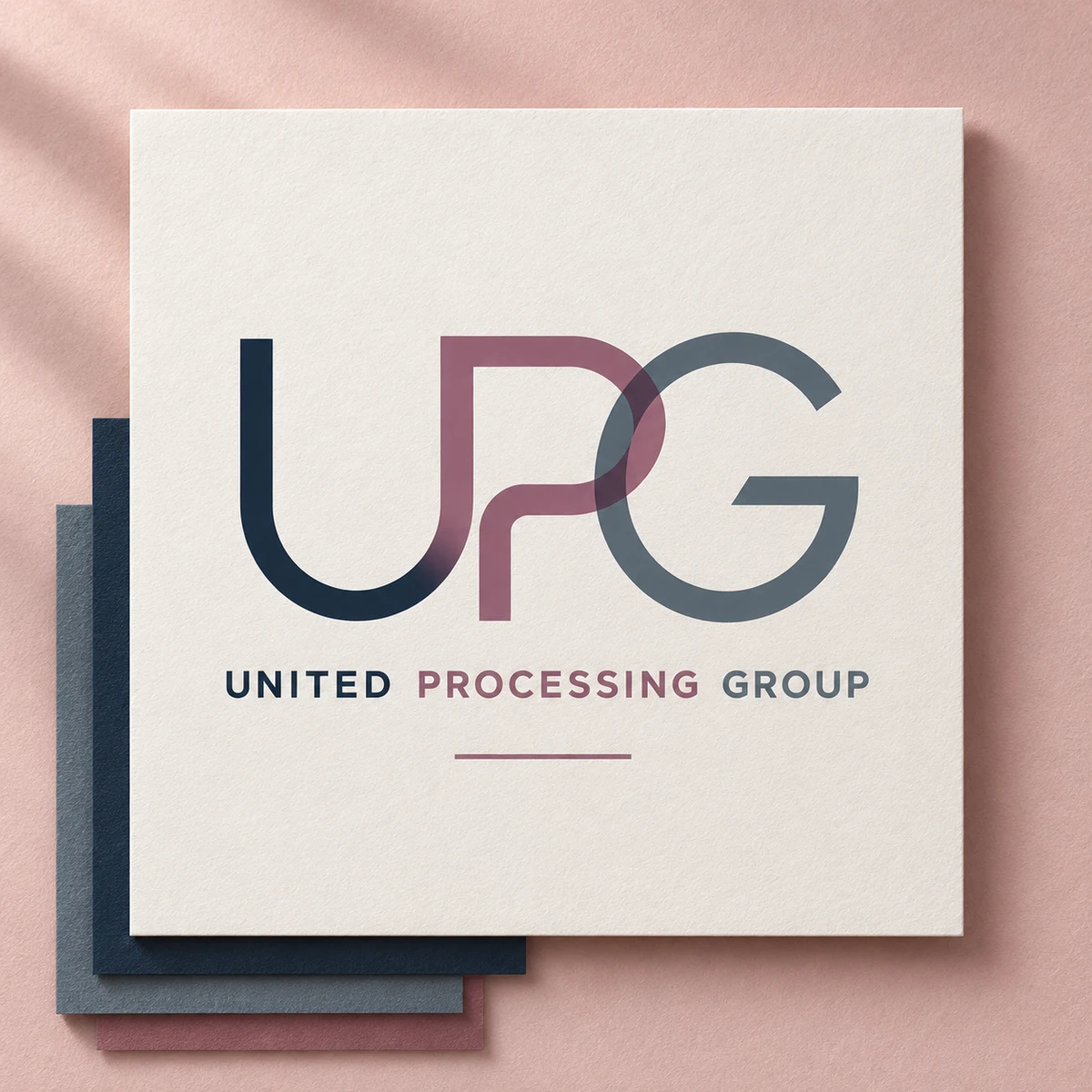 UPG identity presented on warm paper with navy, slate and rose color samples.