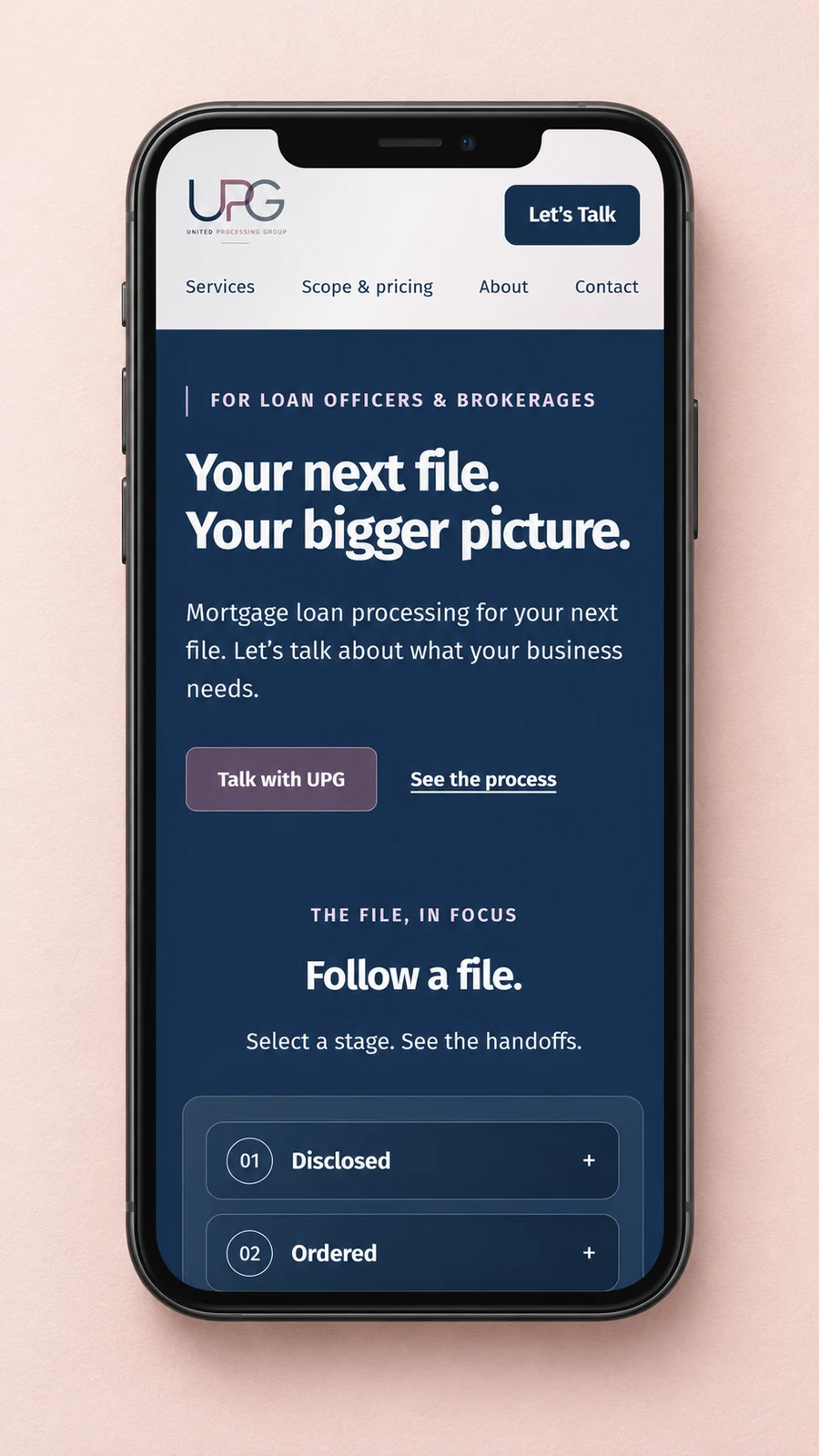 A styled phone presentation of the UPG website.